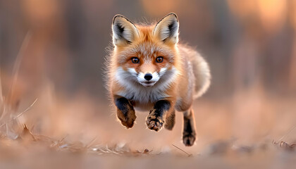 Fototapeta premium Red fox leaping, autumn forest, wildlife, nature