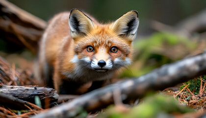 Naklejka premium Red fox in forest, alert, eyes focused, nature background, wildlife photography