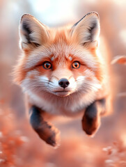 Fototapeta premium Red fox leaping, autumn forest, sunset glow, wildlife