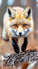 Fototapeta premium Red fox leaping, forest background, wildlife scene, nature photography