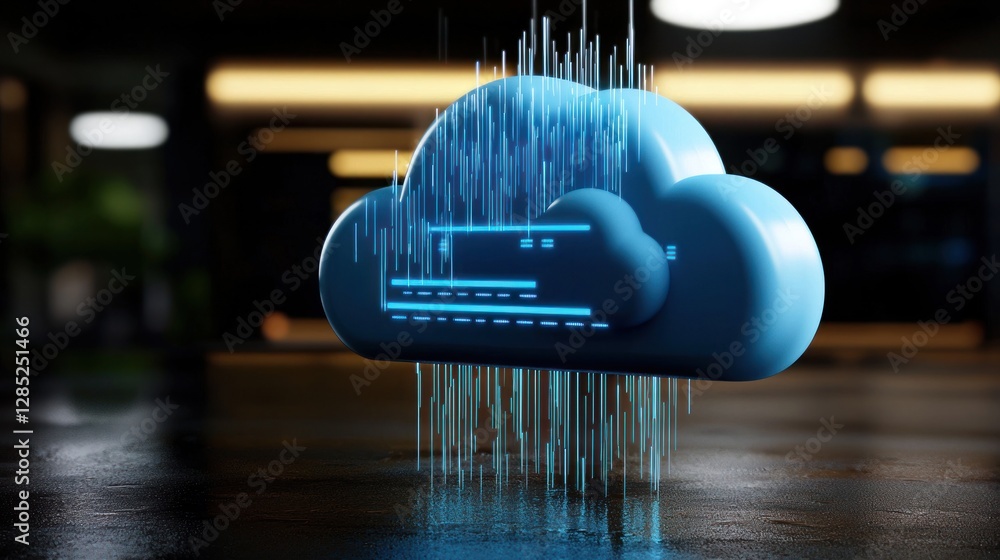 Wall mural 3d cloud icon with digital data streams, set in a modern tech-inspired environment