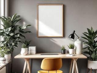 Fototapeta premium Home office with wooden desk, potted plants and blank picture frames on the wall.