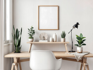 Home office with wooden desk, potted plants and blank picture frames on the wall.