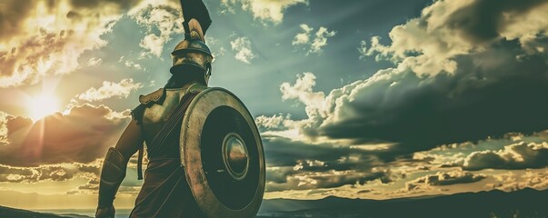 Spartan Warrior Standing Against the Sunset