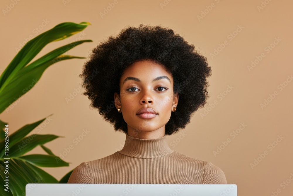 Poster futuristic wellness reception minimalist self-check-in station with young black woman in business at