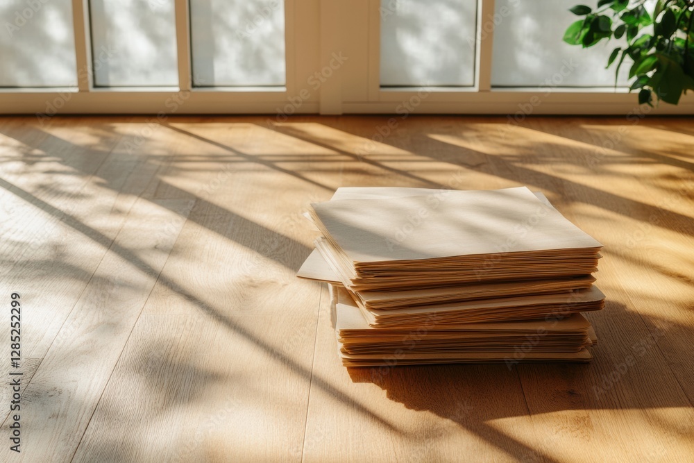 Poster warm minimalism in news sunlit wooden surface with neatly stacked pages for traditional print media 