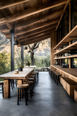 Fototapeta premium Rustic outdoor dining area with mountain view