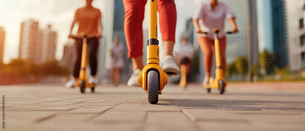 Aufkleber collaborative urban mobility diverse professionals on shared e-scooters in modern cityscape sustaina