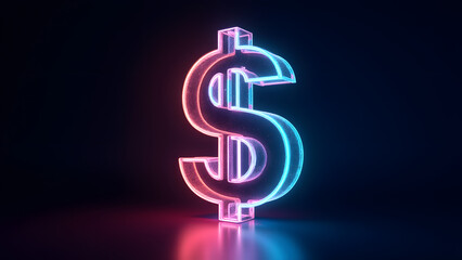 "Glowing multicolored dollar sign on a dark background. Symbolizes wealth, innovation, and financial success in a futuristic and high-tech design with vibrant neon lights."