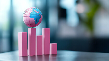 Global economic growth represented by pink globe and bar graph