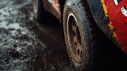 Close-Up of Mud-Covered Tire in Off-Road Vehicle on Wet and Slippery Terrain During Outdoor Adventure