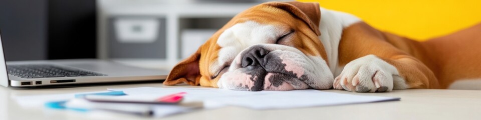 Playful Corporate Aesthetic Bulldog Napping on Laptop with Scattered Documents - Monday Motivation Content for Office Humor and Work-Life Balance in Digital Workspaces
