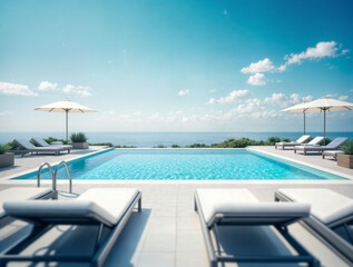 Fototapeta premium Relaxing poolside view with sun loungers, clear blue water.