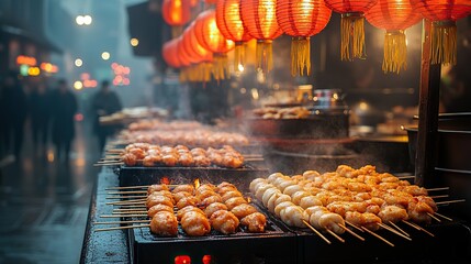 A festive market scene during Chinese New Year with vibrant red lanterns showcasing delicious street food and a joyful atmosphere.