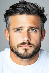 Fototapeta premium Serious man portrait, studio shot, grey background, pensive expression, website profile