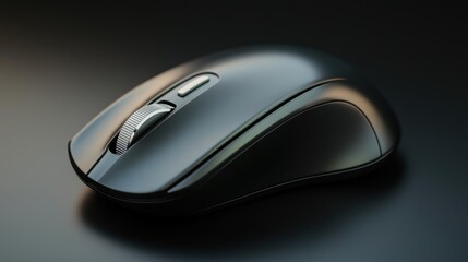 Close-up of a sleek computer mouse on a dark surface, showcasing its design and features