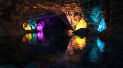 Colorful crystals illuminate a serene underground cave with calm water reflections
