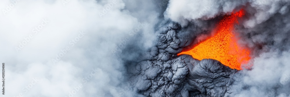Poster dynamic volcanic eruption visualization glowing lava and pyroclastic textures in active crater - geo