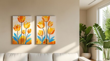 A modern and stylish living room with a beige sofa, large green indoor plants, and two vibrant floral paintings with yellow and blue flowers, creating a cozy and aesthetically pleasing atmosphere.

