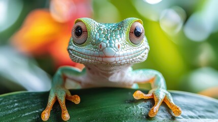 Adorable Green Lizard Posing On Leaf