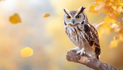 Obraz premium Owl perched on branch, autumn leaves, blurred background