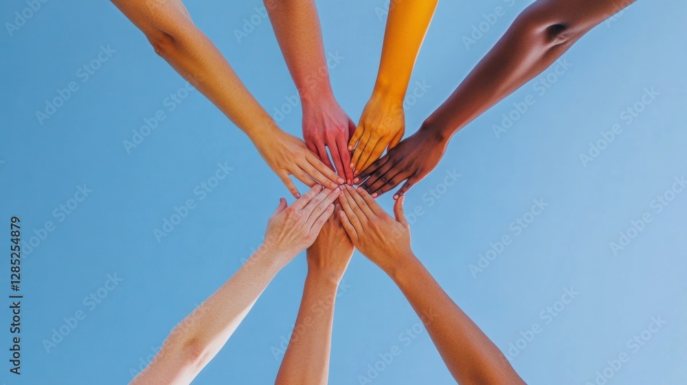 Aufkleber Diverse Collaboration Multicultural Hands Forming Star Pattern on Minimalist Blue - Inclusive Team Building Visual for Modern Business Communication and Engagement