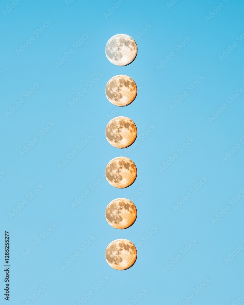 Poster digital moon phases series seamless time-lapse compilation on sky blue canvas - educational astronom