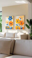 A modern and stylish living room with a beige sofa, large green indoor plants, and two vibrant floral paintings with yellow and blue flowers, creating a cozy and aesthetically pleasing atmosphere.


