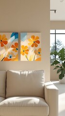 A modern and stylish living room with a beige sofa, large green indoor plants, and two vibrant floral paintings with yellow and blue flowers, creating a cozy and aesthetically pleasing atmosphere.

