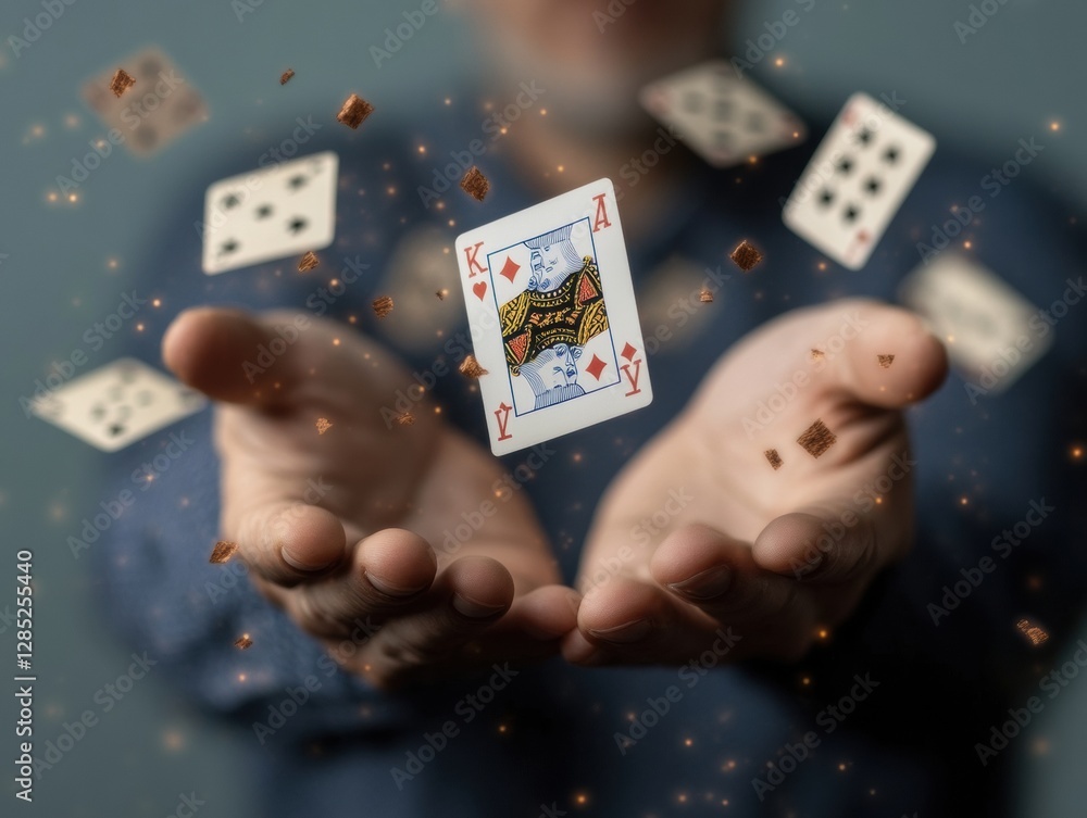 Aufkleber dynamic illusion artistry expert hands manipulating floating playing cards - vibrant entertainment v