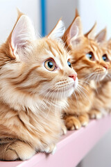 Three ginger kittens sitting on shelf, indoors. Pet adoption image