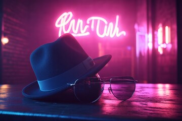 Stylish Fedora Hat and Sunglasses with Neon Lights Background