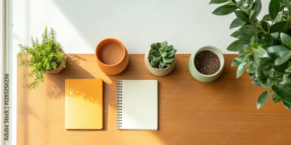 Poster natural workspace vibes wooden desk with succulents and notebooks - enhancing productivity and creat