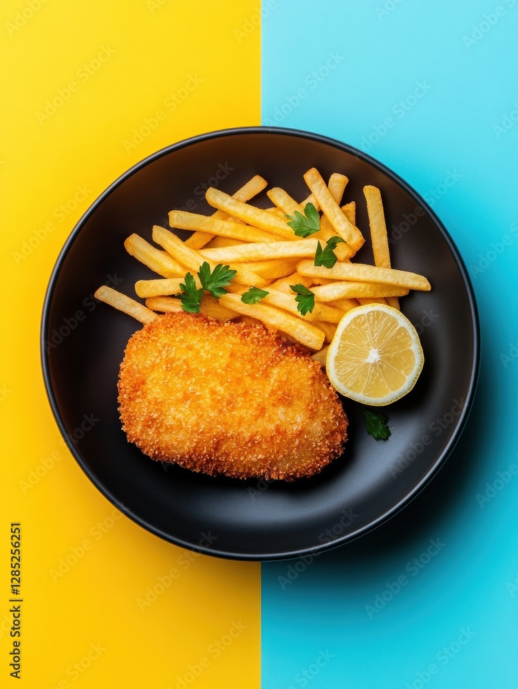 Aufkleber vibrant culinary display golden cordon bleu with crispy fries on bold yellow-blue backdrop - trendy 