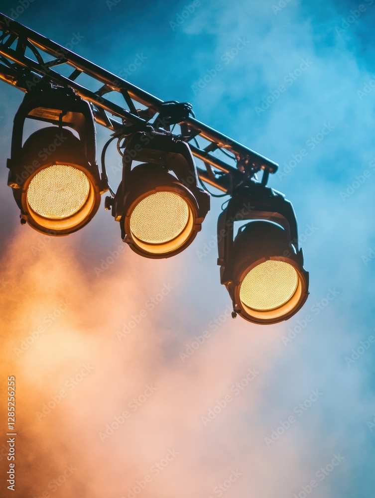 Leinwandbilder Dynamic Theatrical Lighting Display LED Stage Lights in Atmospheric Haze - Modern Entertainment Design and Event Ambiance Enhancement for Performance Spaces