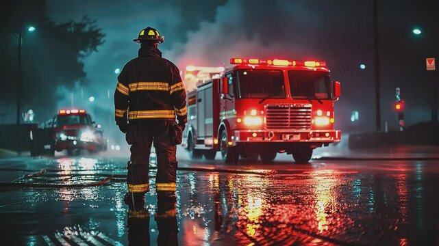 Guardian of the Night: A courageous firefighter stands resolute, facing the glowing scene, with firetrucks ablaze in a photorealistic depiction of bravery, service, and the dedication to protect. 