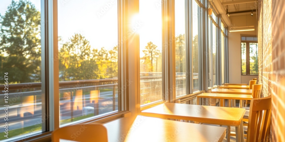 Poster scandinavian minimalist learning space sunlit wooden desks in campus library - modern academic commu
