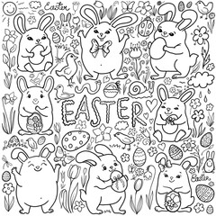 easter cartoon animal set of rabbits bunny and eggs black and white coloring book card