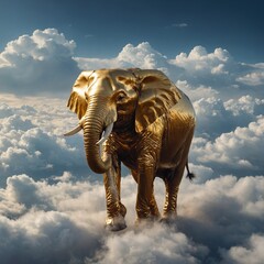Fototapeta premium A golden elephant emerging from a sea of soft clouds.