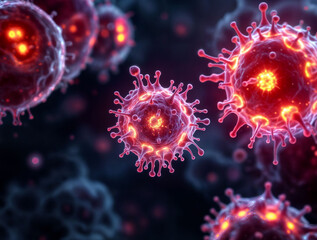 Cancer cells spreading through human tissue, with glowing malignant cells contrasting against healthy cells.