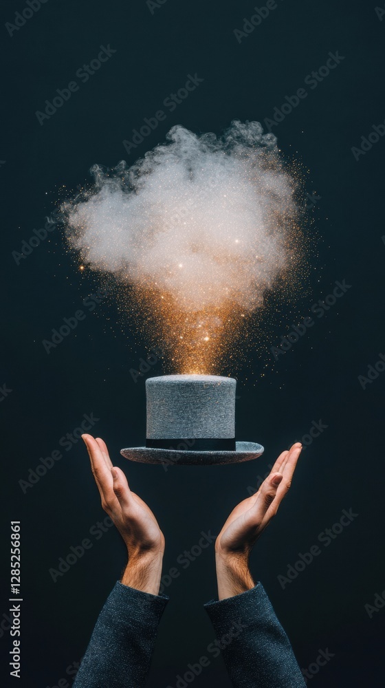 Aufkleber enchanting stage illusion velvet top hat with mystical sparkles and gloved hands - dynamic entertain