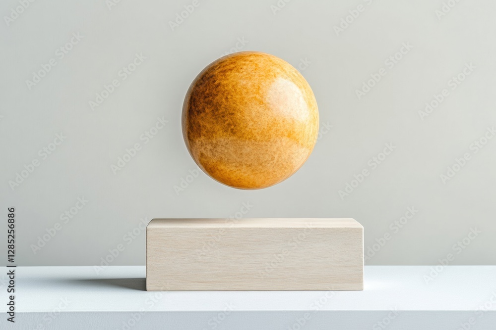 Aufkleber minimalist theater illusion display polished sphere suspension with wooden block for modern stage de