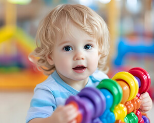 Obraz premium Toddler plays colorful toy in indoor play area