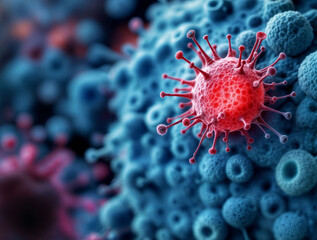 Single aggressive cancer cell in vivid red, surrounded by normal cells in soft blue, representing mutation and invasion.