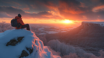 Fototapeta premium A solo explorer gazes at a dramatic winter sunset in North Yorkshire Moors, surrounded by tranquil snow clouds and soft winter hues over undulating terrain, symbolizing solitude and contemplation