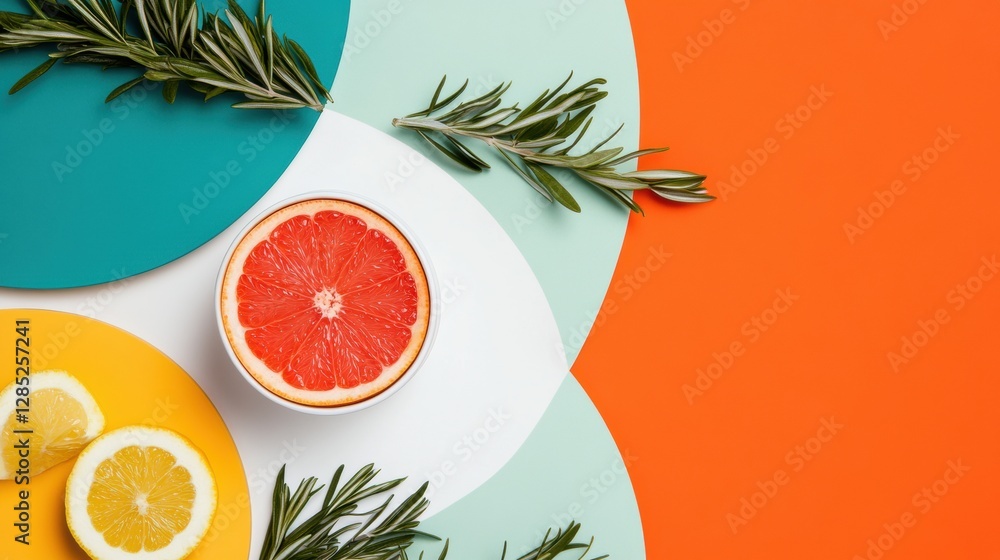 Aufkleber vibrant citrus display with fresh herbal elements on bold geometric background - modern health cafe 
