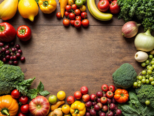 Top down view of a wooden table filled with colorful fresh fruits and vegetables.