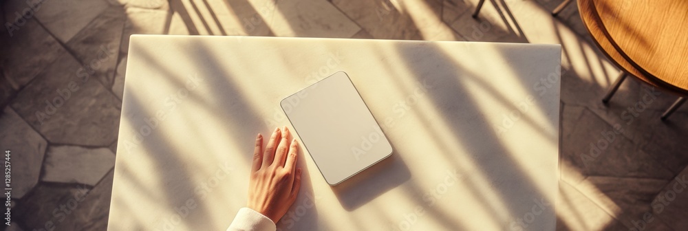 Aufkleber Sunlit Modern Cafe Table with Minimalistic Tablet for Enhanced Digital Ordering - Streamlined Hospitality Design and Efficiency in Fast-Paced Restaurant Interiors