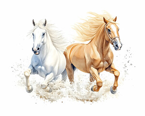 Fototapeta premium Two horses galloping beach, white sand, summer