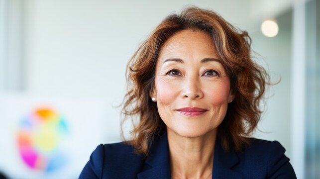 Elegant Entrepreneurship Korean Senior Businesswoman in Navy Blazer - Inspiring Leadership and Mentorship in Modern Coworking Space with Digital Insights